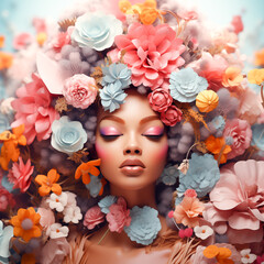3D illustration of an Afro-American woman surrounded by blooming flowers, whimsical style, pastel colors, shallow depth of field