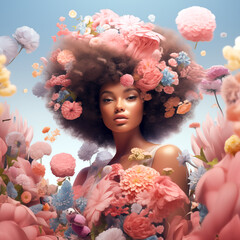 3D illustration of an Afro-American woman surrounded by blooming flowers, whimsical style, pastel colors, shallow depth of field