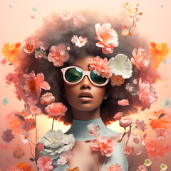 3D illustration of an Afro-American woman surrounded by blooming flowers, whimsical style, pastel colors, shallow depth of field