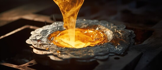 Casting liquid gold into graphite mold from furnace.