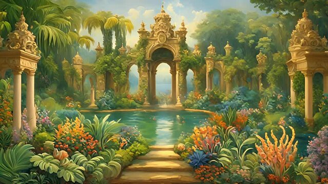 Stepping through towering gates Sunken Gardens Poseidon, transported magical world filled with lush greenery blooming flowers. center sits grand palace, adorned with 2d animation