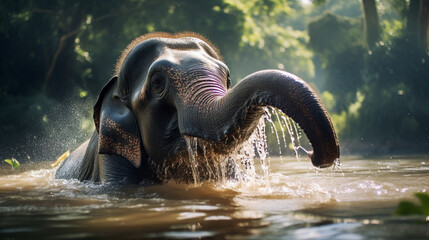 Blissful Moment An Asian Elephant Delighting in a Refreshing Bath