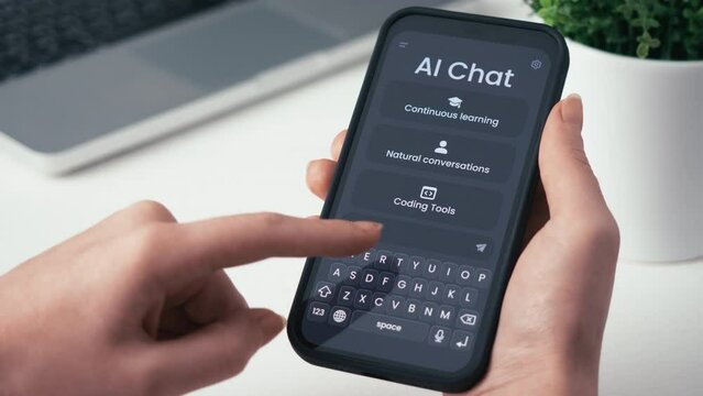 Programmer using AI chat bot as help in coding. Artificial intelligence writes PHP code and helps human at his work. Fictional Interface.