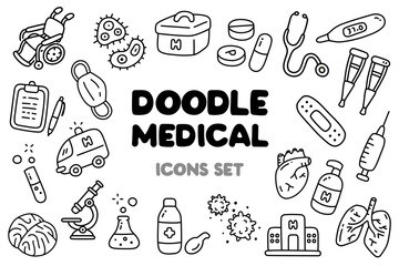Black and White Outline Stroke Doodle Medical Elements Icon Sets
