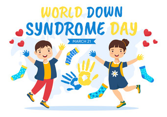 World Down Syndrome Day Vector Illustration on March 21 with Blue and Yellow Ribbon, Earth Map, Unpaired Socks and Kids in Flat Cartoon Background
