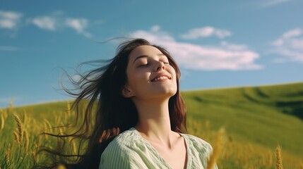 Calm Happy Smiling Woman with Closed Eyes on the Fields. Free, Peace, Beautiful Moment Concept
