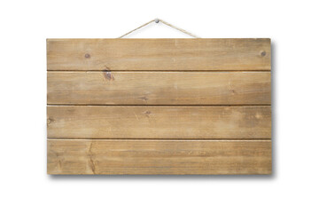 Blank wooden sign hanging from a nail with white background and copy space