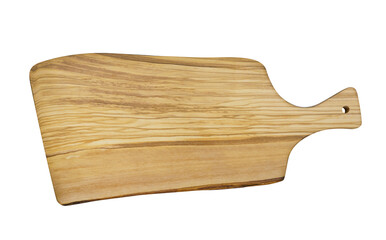 Wood charcuterie cutting board with handle and natural live edge with white empty background for food display or table