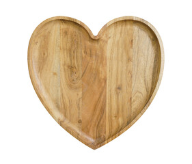 Heart shaped wood tray with beveled edges on white with blank space