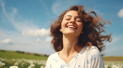 Fototapeta premium Calm Happy Smiling Woman with Closed Eyes on the Fields. Free, Peace, Beautiful Moment Concept 