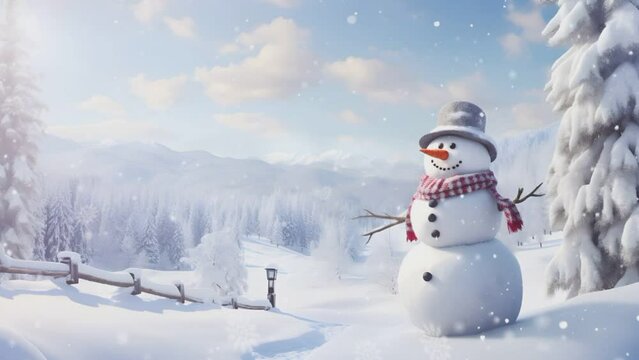 Christmas decorations with cute snowmen decorated with falling snow. seamless looping time-lapse virtual video animation background.generate with ai