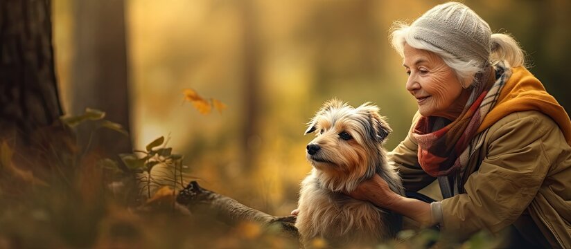 Elderly lady soothing her dog while hiking in woods.