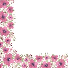 Watercolor floral frame from compositions of pink flowers with green leaves and branches. Hand drawn illustration of botanical template for greeting cards or wedding invitations, mother's day