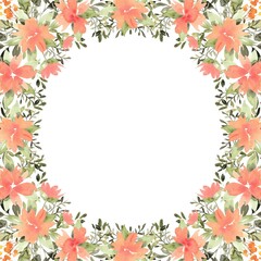 Watercolor floral frame from compositions of orange flowers with green leaves and branches. Hand drawn illustration of botanical template for greeting cards or wedding invitations, mother's day