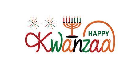 Happy Kwanzaa handwritten calligraphy with seven candles and a Kinara holder. Great for greeting cards, posters, flyers, and banners. Text Illustration Vector 