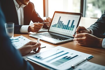 Dynamic business meeting unfolds in modern office setting. Executives engage in teamwork analyzing financial charts and graphs. professional reflecting of technology planning and investment strategies