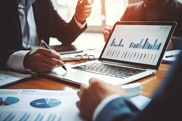 Dynamic business meeting unfolds in modern office setting. Executives engage in teamwork analyzing financial charts and graphs. professional reflecting of technology planning and investment strategies