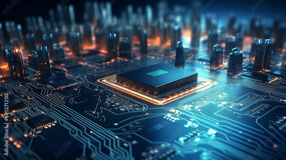 Poster futuristic server circuit board: digital technology wallpaper, abstract 3d render of points and line