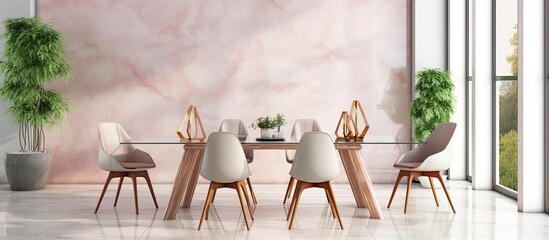 Trendy dining room with marble tiles, glass table and chairs.