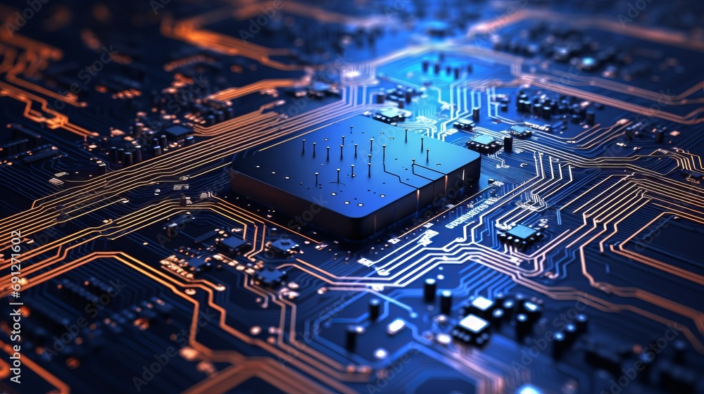Poster futuristic server circuit board: digital technology wallpaper, abstract 3d render of points and line