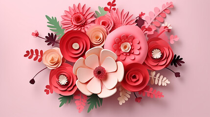 pink and red paper craft flower bouquet on pink background. 3d illustration.