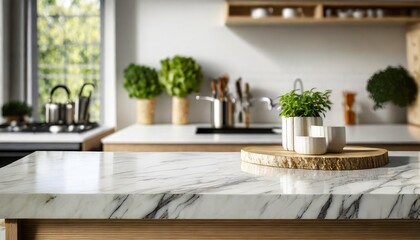 Fototapeta na wymiar Marble Masterpiece: A Spacious Kitchen with a Sleek Marble Island