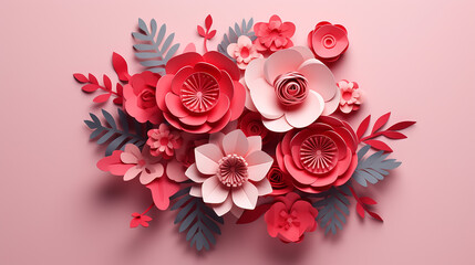 pink and red paper craft flower bouquet. 3d illustration. 