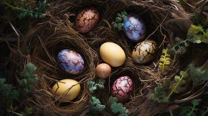 An aerial view showcasing a nest abundantly filled with colorful Easter eggs, capturing a festive and joyful arrangement. - obrazy, fototapety, plakaty