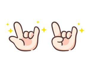 Cute metal and rock on hand icon cartoon vector illustration. Rock and roll fan gestures. Hand sign concept design. Hand drawn flat style. Isolated white background
