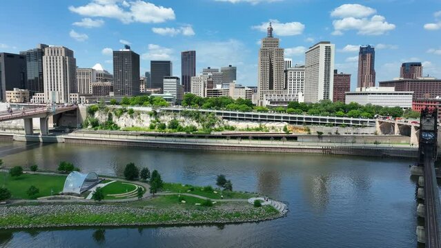 Aerial shot of Mississippi Riverfront in Saint Paul. Summer day over skyline in St. Paul, Minnesota.