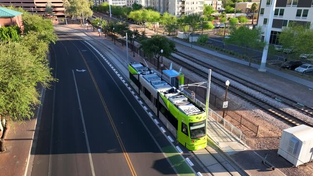 Tempe public transit train. Aerial establishing shot.