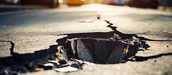 Damaged road or potholes in a picture. - obrazy, fototapety, plakaty