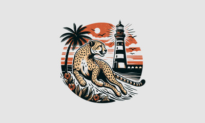 cheetah and lighthouse vector illustration flat design