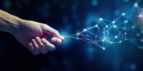 Digital connectivity. Futuristic vision of technology and networking. Businessman hand interacts with holographic interface symbolizing global connection of information