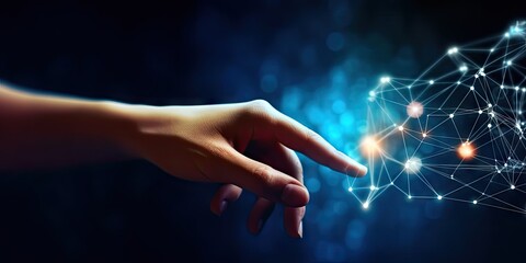 Digital connectivity. Futuristic vision of technology and networking. Businessman hand interacts with holographic interface symbolizing global connection of information