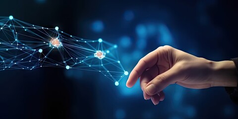 Digital connectivity. Futuristic vision of technology and networking. Businessman hand interacts with holographic interface symbolizing global connection of information