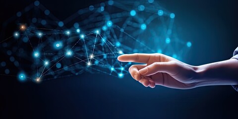 Digital connectivity. Futuristic vision of technology and networking. Businessman hand interacts with holographic interface symbolizing global connection of information