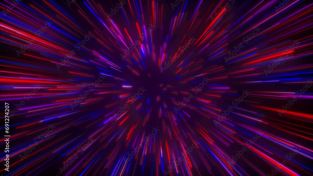Poster seamless loop particle light zooming lines tunnel in space air on black background neon glow beam la