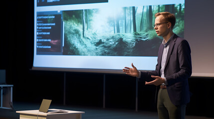 Obraz premium A male speaker is describing the global environmental situation. Campaign for environmental protection.