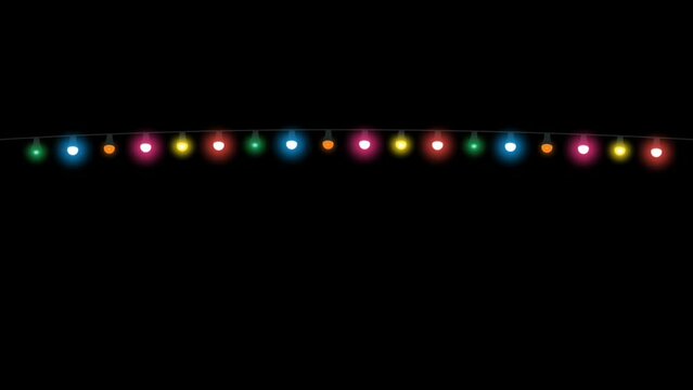 Colorful decorative light bulb string with flashing lights blinking animation with black background and copy space