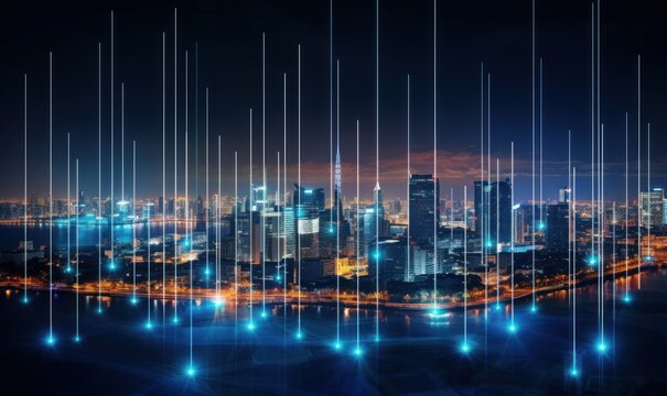Smart city with wireless network connection and cityscape.big data connection technology concept.Wireless network and Connection technology concept with city background, Generative AI © Anjali Snap