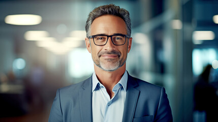 Fototapeta premium Happy Smiling Mature Businessman on Office Background 