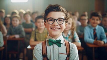 Smartly dressed young boy with glasses standing out in classroom. Childhood and education. - obrazy, fototapety, plakaty