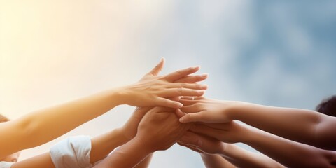 Panoramic Teamwork,empathy,partnership and Social connection in business join hand together concept.Hand of diverse people connecting.Power of volunteer charity work,Stack of people, Generative AI
