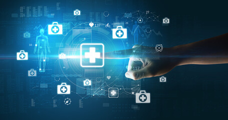 Doctor hand pressing futuristic health device with medical symbol on screen