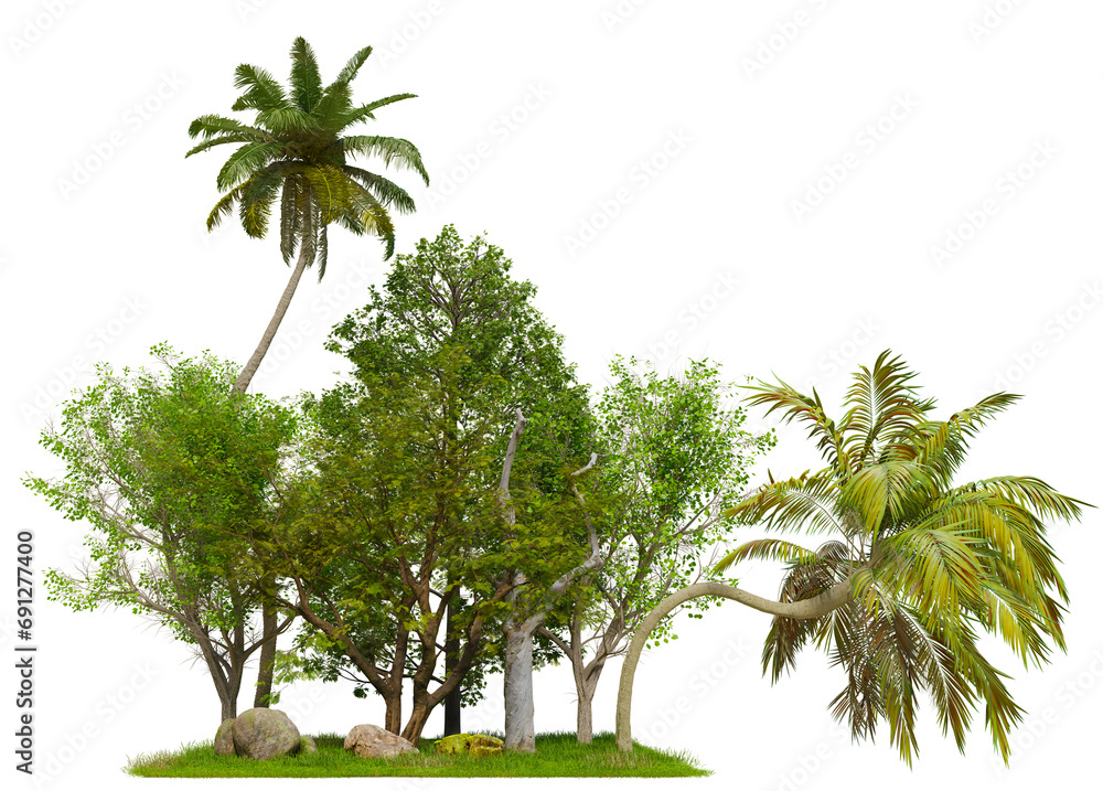 Aufkleber tree group small land with tree png transparent, 3d illustration rendering