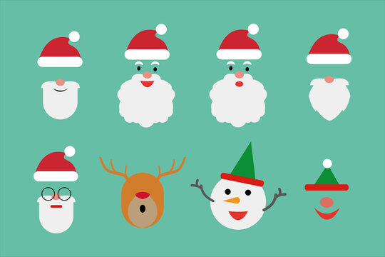 Christmas photo booth collection. Santa Claus various red hat set, moustache, beard, Elf, Deer horn. Xmas clip art. Holiday winter party concept. Isolated.