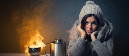 Woman with hot drink and bill trying to keep warm by radiator during energy crisis - obrazy, fototapety, plakaty