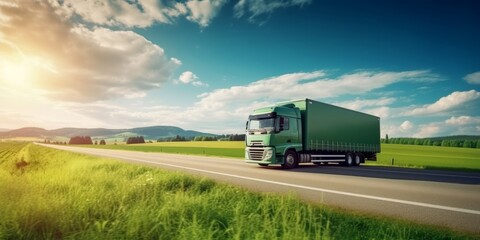 Truck with cargo driving on the road with green nature and blue sky motion blur background. Generative AI