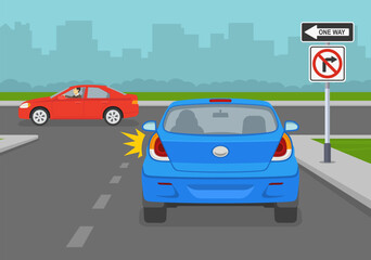 Safe driving tips and traffic regulation rules. Back view of a car turning left into a one-way street. No right turn and one-way street sign. Flat vector illustration template. - obrazy, fototapety, plakaty